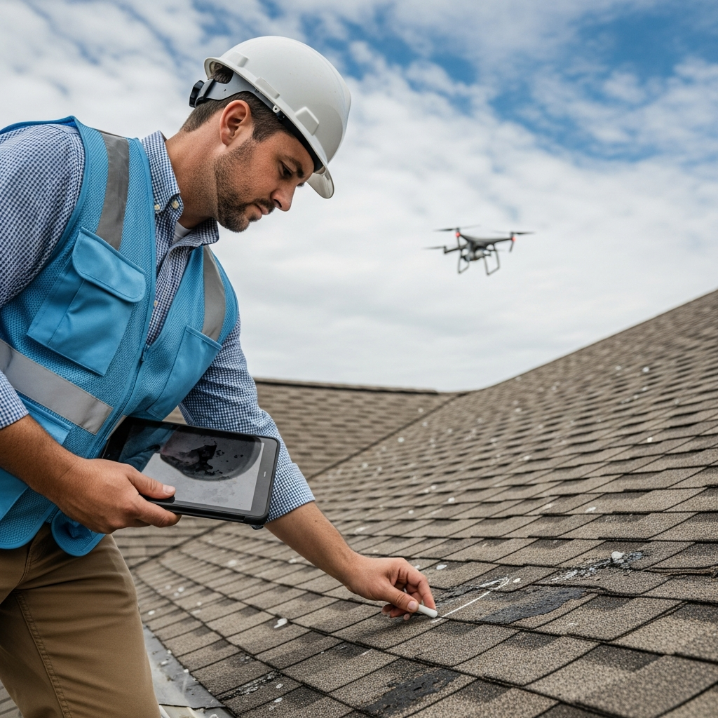 Omaha NE roof claim inspector documenting hail damage with camera and clipboard for insurance claim