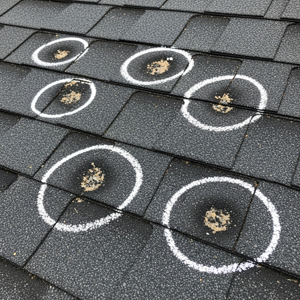 Close-up of hail damaged asphalt shingles in Omaha NE with chalked test square showing functional impact marks