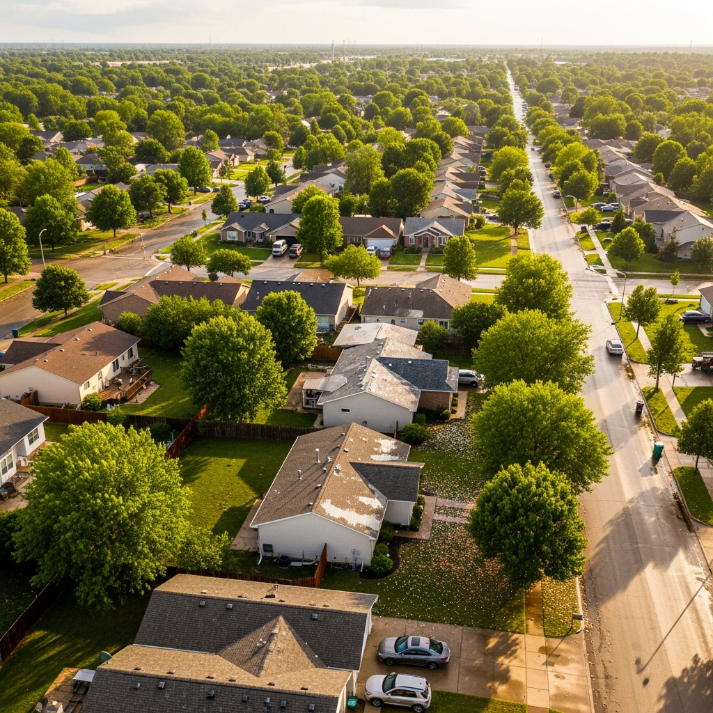 Drone overhead view of an Omaha Nebraska residential neighborhood after a storm event