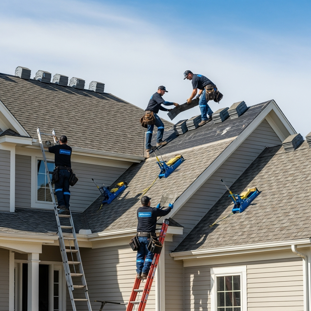 Roof replacement crew installing new architectural shingles on an Omaha NE home after an approved insurance claim